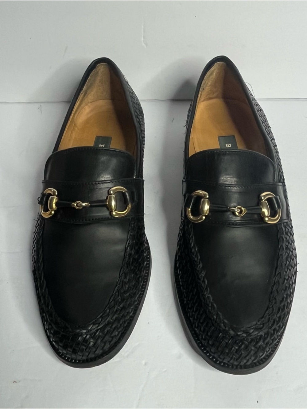 Bally Black Leather Woven Bit Loafers with Gold Hardware